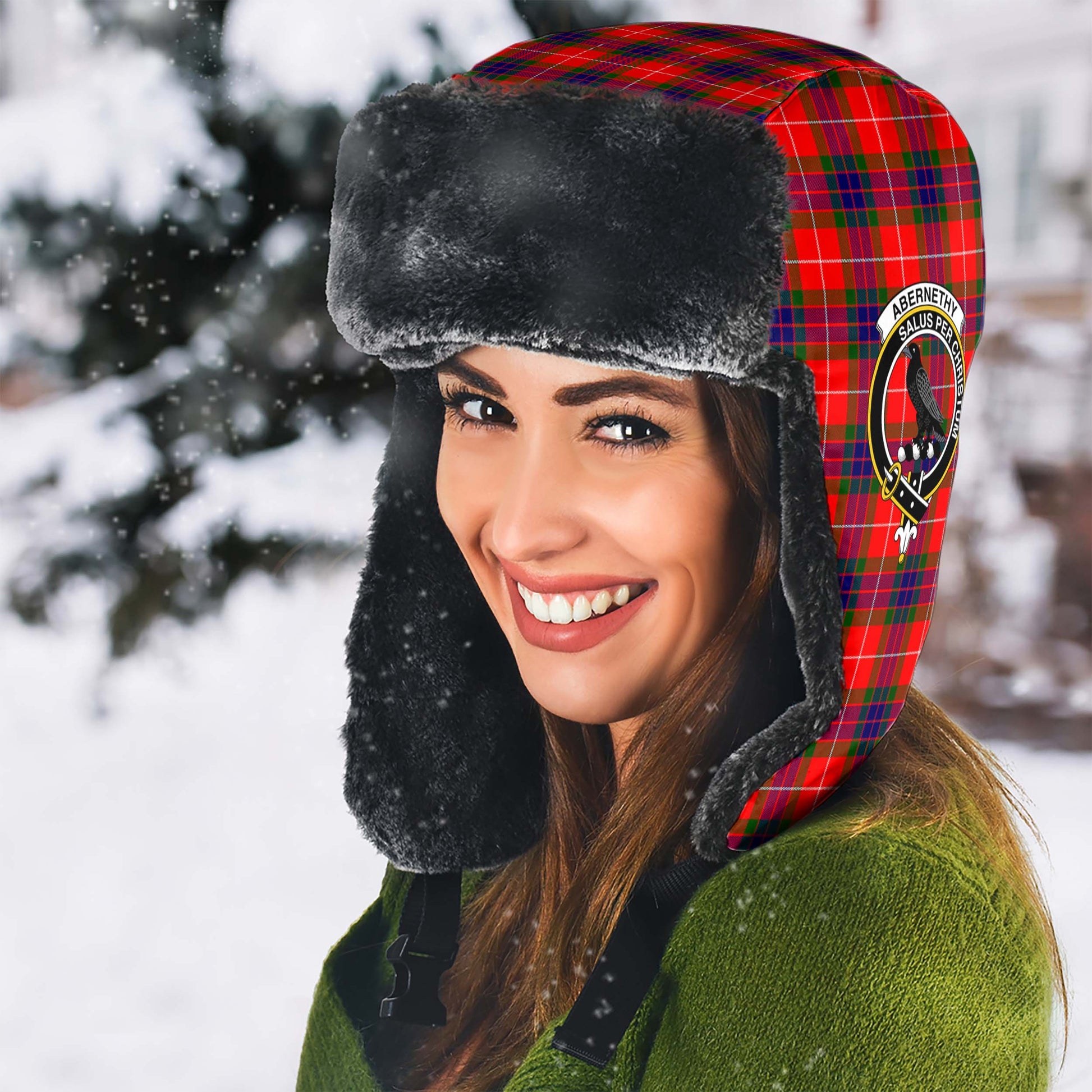 Abernethy Tartan Winter Trapper Hat with Family Crest - Tartanvibesclothing