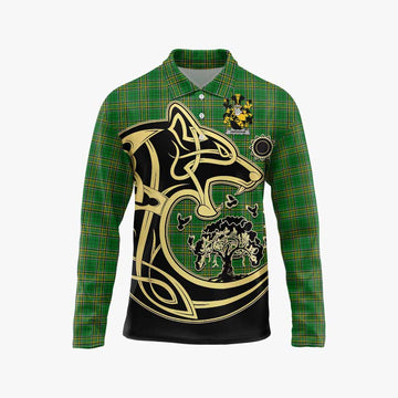 Abraham Irish Tartan Long Sleeve Polo Shirt with Coat of Arms Celtic Wolf Style