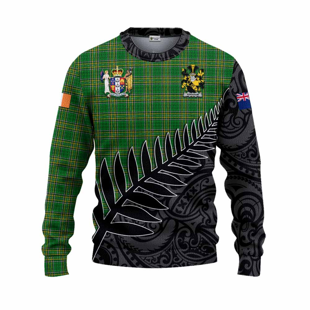 Tartan Vibes Clothing Abraham Irish Clan Tartan Knitted Sweater with Coat of Arms New Zealand Silver Fern Half Style