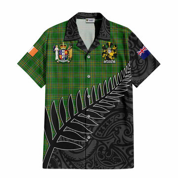 Abraham Irish Clan Tartan Short Sleeve Button Shirt with Coat of Arms New Zealand Silver Fern Half Style