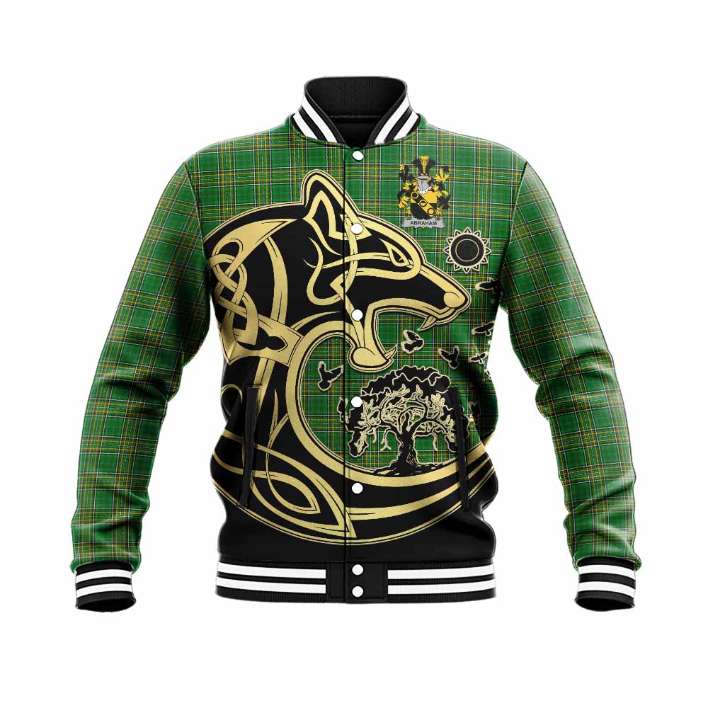 Tartan Vibes Clothing Abraham Irish Tartan Baseball Jacket with Coat of Arms Celtic Wolf Style