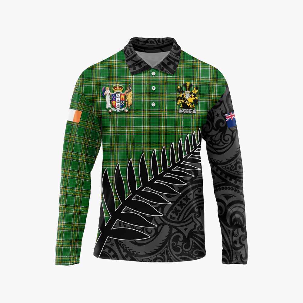 Tartan Vibes Clothing Abraham Irish Clan Tartan Long Sleeve Polo Shirt with Coat of Arms New Zealand Silver Fern Half Style