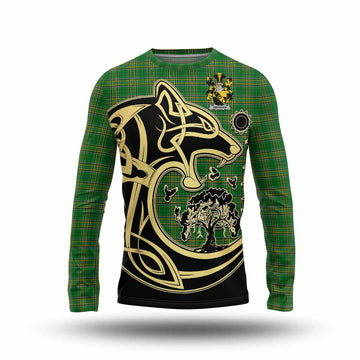 Abraham Irish Tartan Long Sleeve T-Shirt with Coat of Arms Celtic Wolf Style