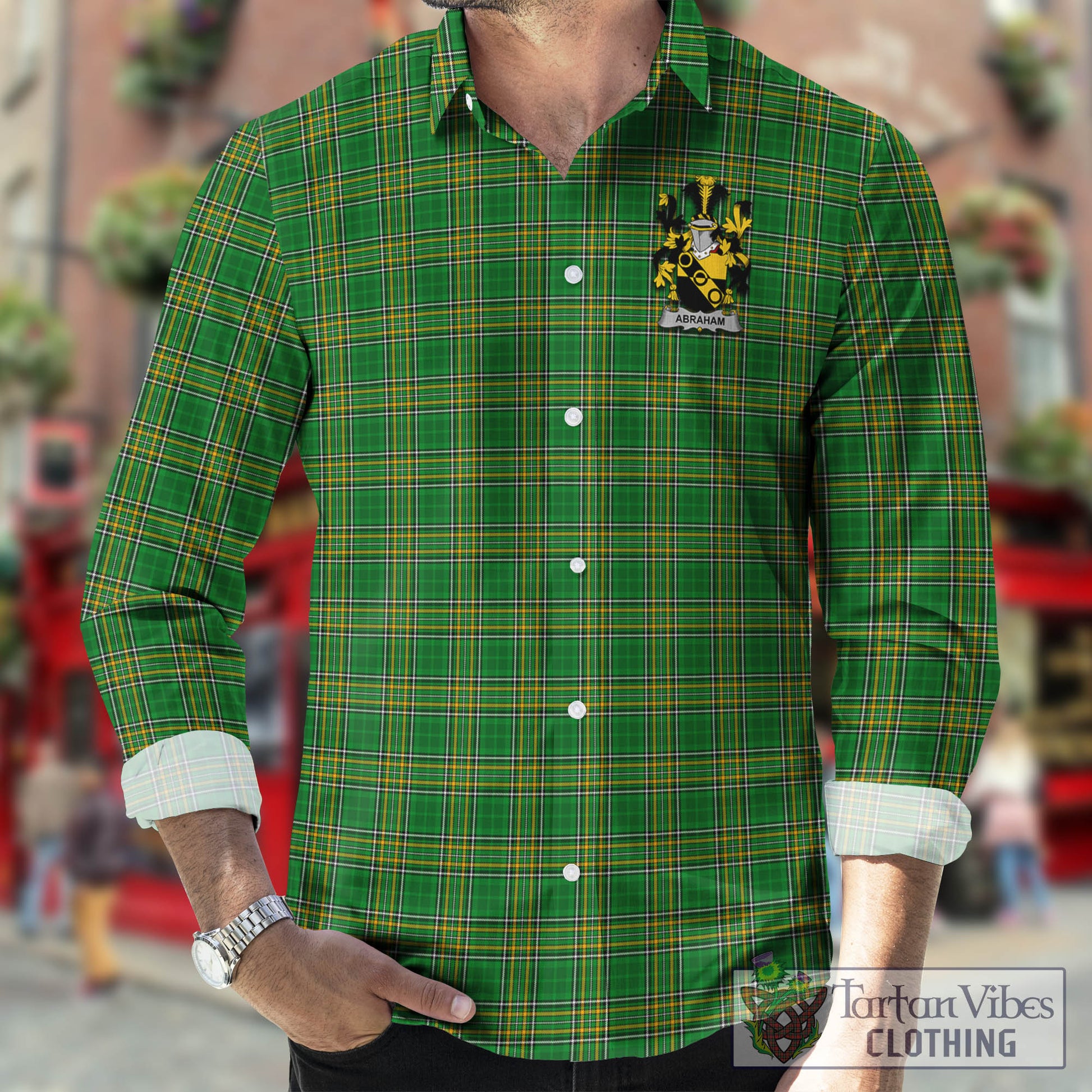 Tartan Vibes Clothing Abraham Ireland Clan Tartan Long Sleeve Button Up with Coat of Arms