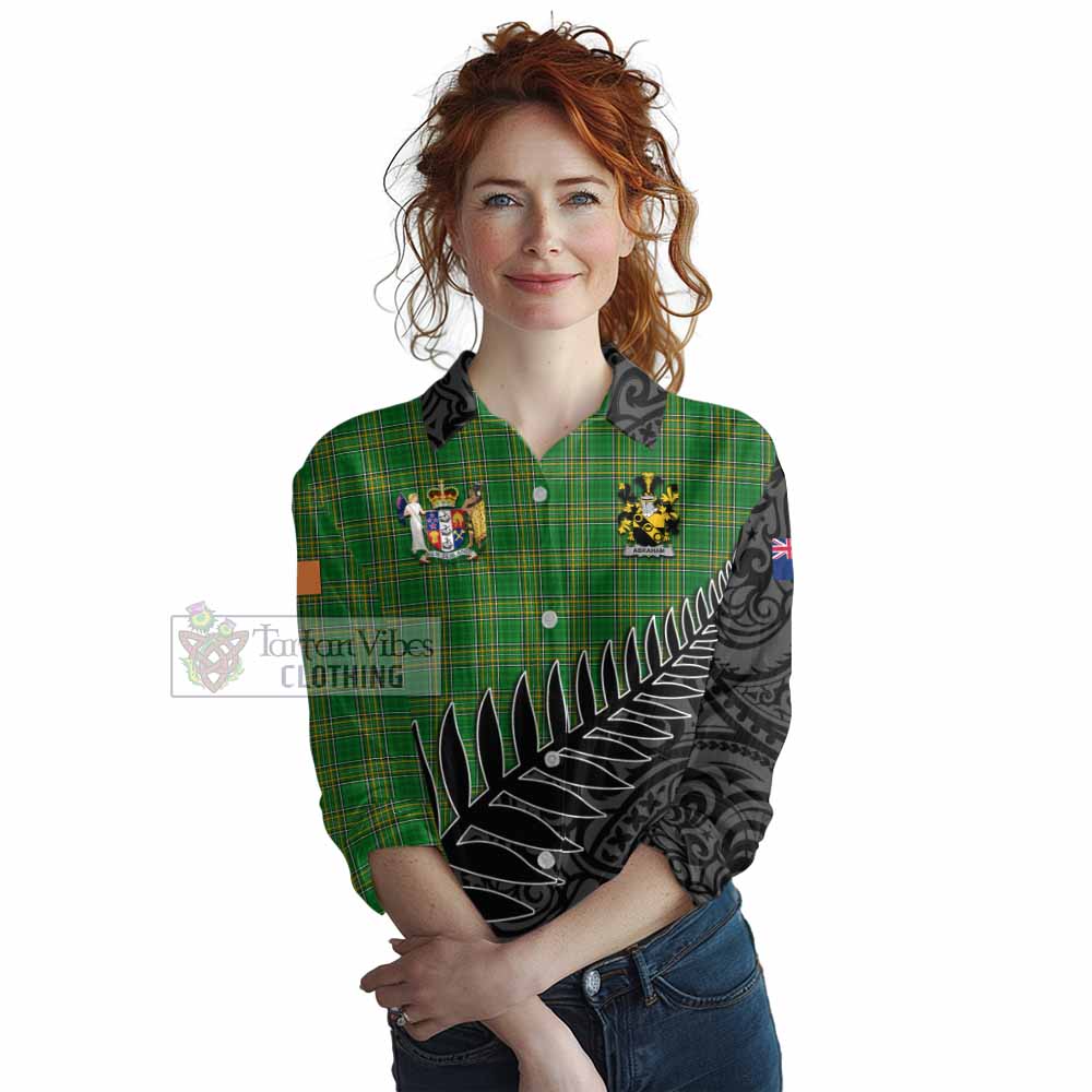 Tartan Vibes Clothing Abraham Irish Clan Tartan Women's Casual Shirt with Coat of Arms New Zealand Silver Fern Half Style