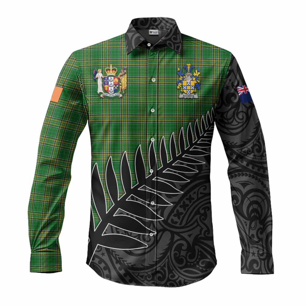 Tartan Vibes Clothing Accotts Irish Clan Tartan Long Sleeve Button Shirt with Coat of Arms New Zealand Silver Fern Half Style