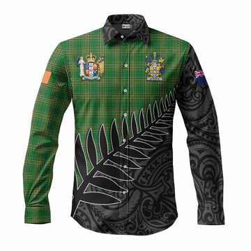 Accotts Irish Clan Tartan Long Sleeve Button Shirt with Coat of Arms New Zealand Silver Fern Half Style