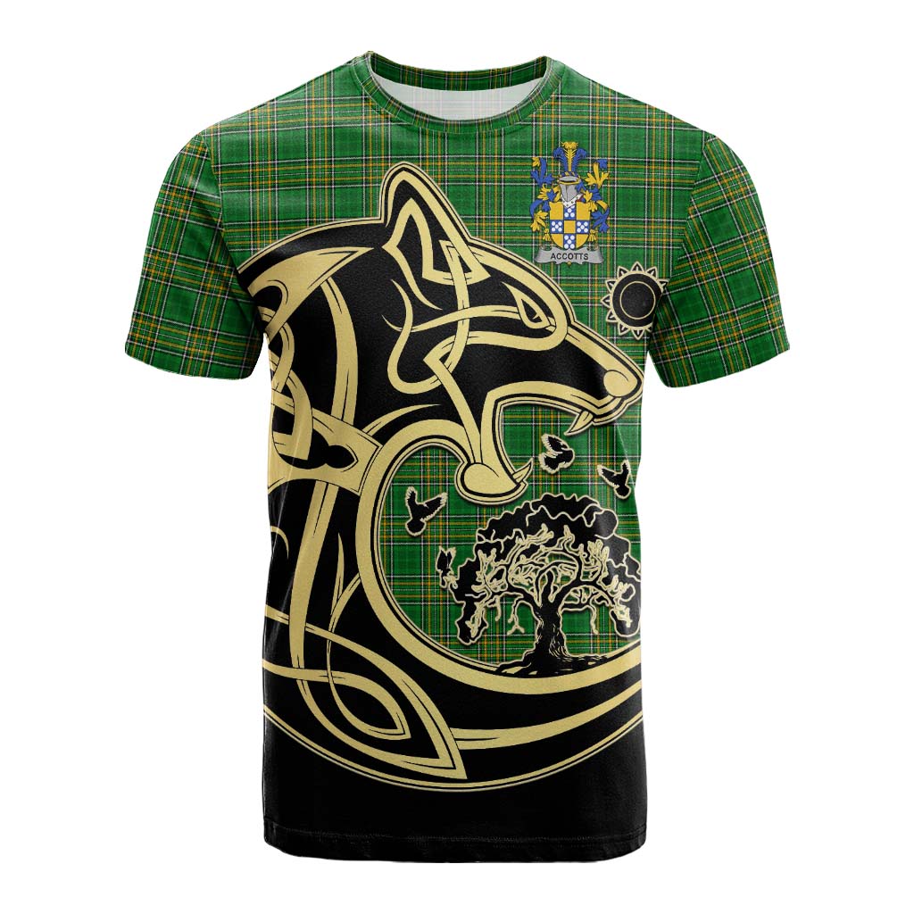 Tartan Vibes Clothing Accotts Irish Tartan Cotton T-shirt with Coat of Arms Celtic Wolf Style