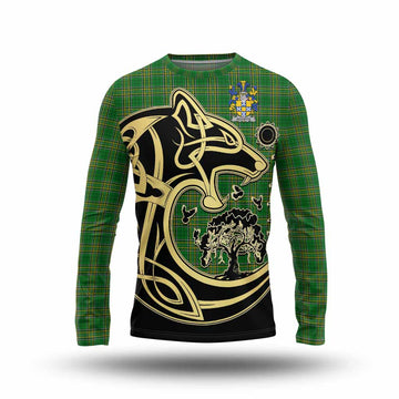 Accotts Irish Tartan Long Sleeve T-Shirt with Coat of Arms Celtic Wolf Style