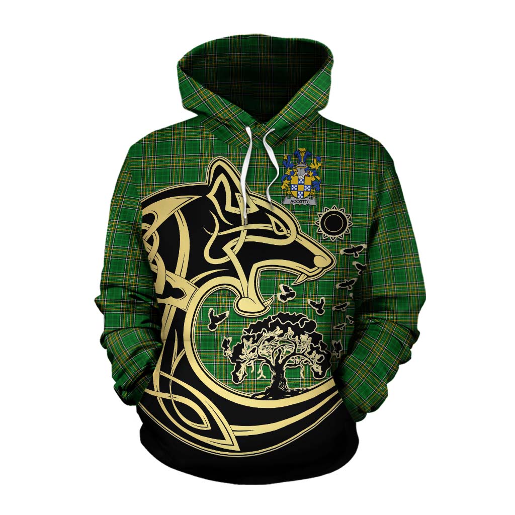 Tartan Vibes Clothing Accotts Irish Tartan Cotton Hoodie with Coat of Arms Celtic Wolf Style