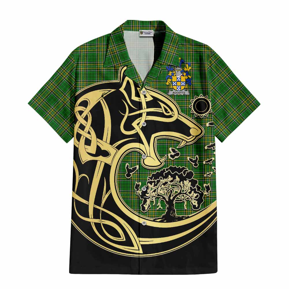 Tartan Vibes Clothing Accotts Irish Tartan Short Sleeve Button Shirt with Coat of Arms Celtic Wolf Style