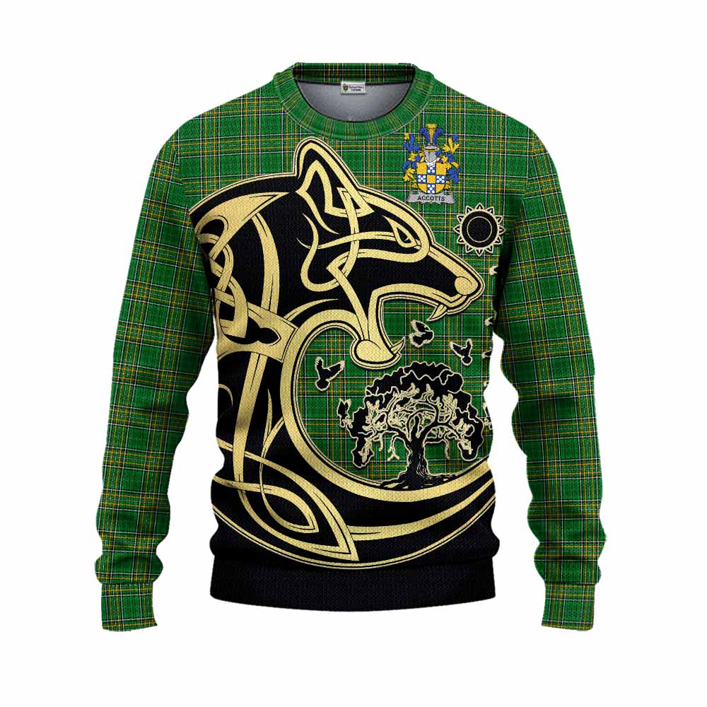 Tartan Vibes Clothing Accotts Irish Tartan Knitted Sweater with Coat of Arms Celtic Wolf Style