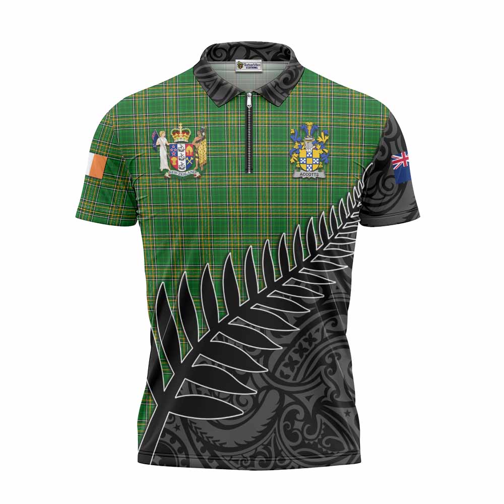 Tartan Vibes Clothing Accotts Irish Clan Tartan Zipper Polo Shirt with Coat of Arms New Zealand Silver Fern Half Style