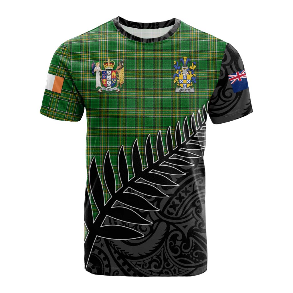 Tartan Vibes Clothing Accotts Irish Clan Tartan Cotton T-shirt with Coat of Arms New Zealand Silver Fern Half Style