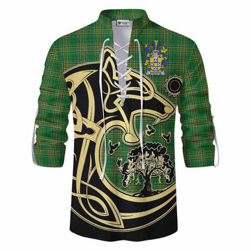 Accotts Irish Tartan Ghillie Kilt Shirt with Coat of Arms Celtic Wolf Style