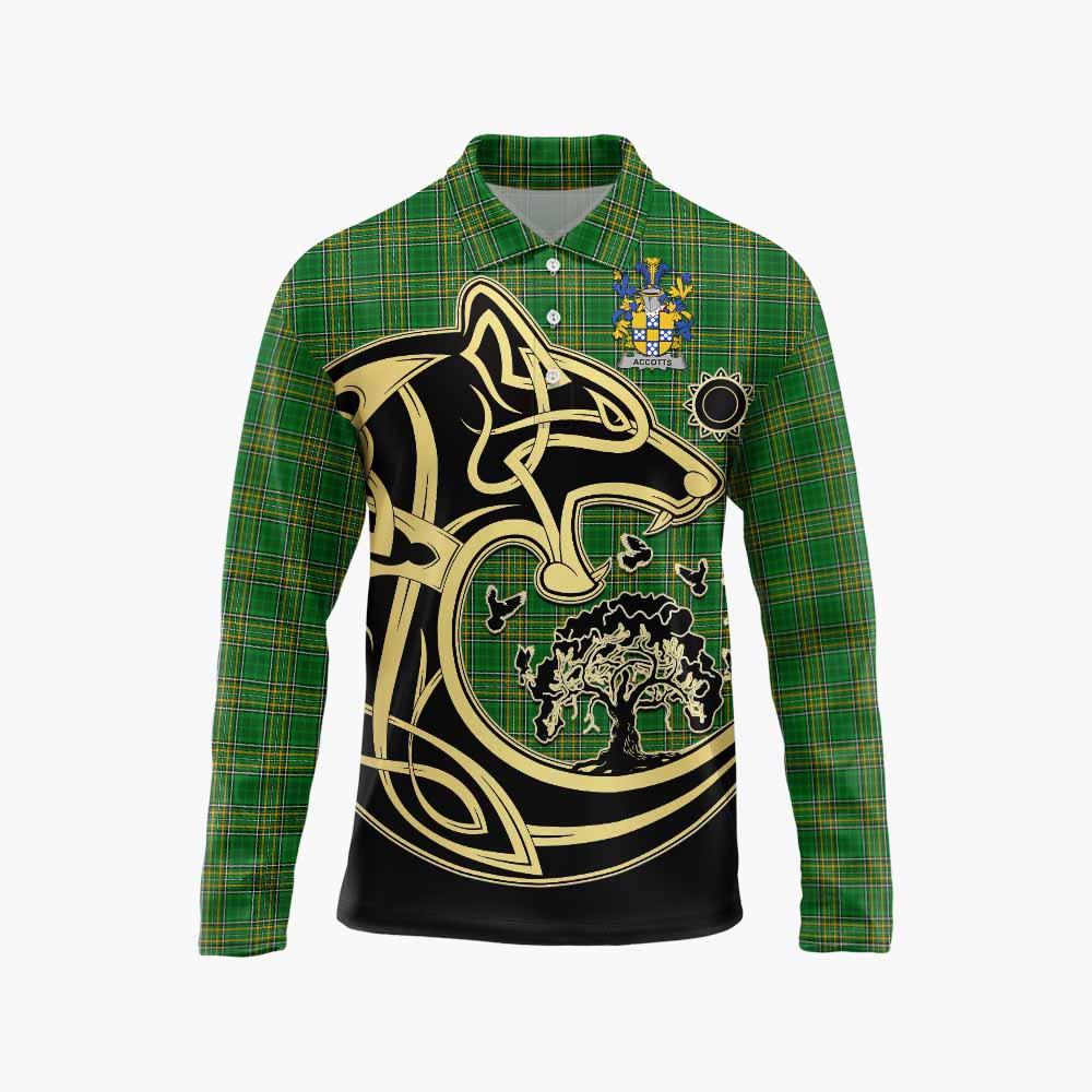 Tartan Vibes Clothing Accotts Irish Tartan Long Sleeve Polo Shirt with Coat of Arms Celtic Wolf Style