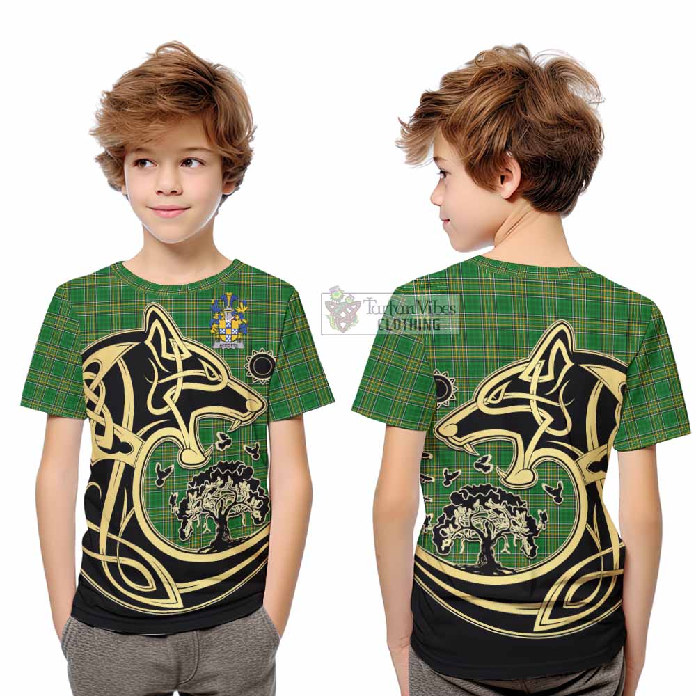 Tartan Vibes Clothing Accotts Irish Tartan Kid T-Shirt with Coat of Arms Celtic Wolf Style