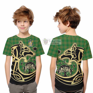 Accotts Irish Tartan Kid T-Shirt with Coat of Arms Celtic Wolf Style