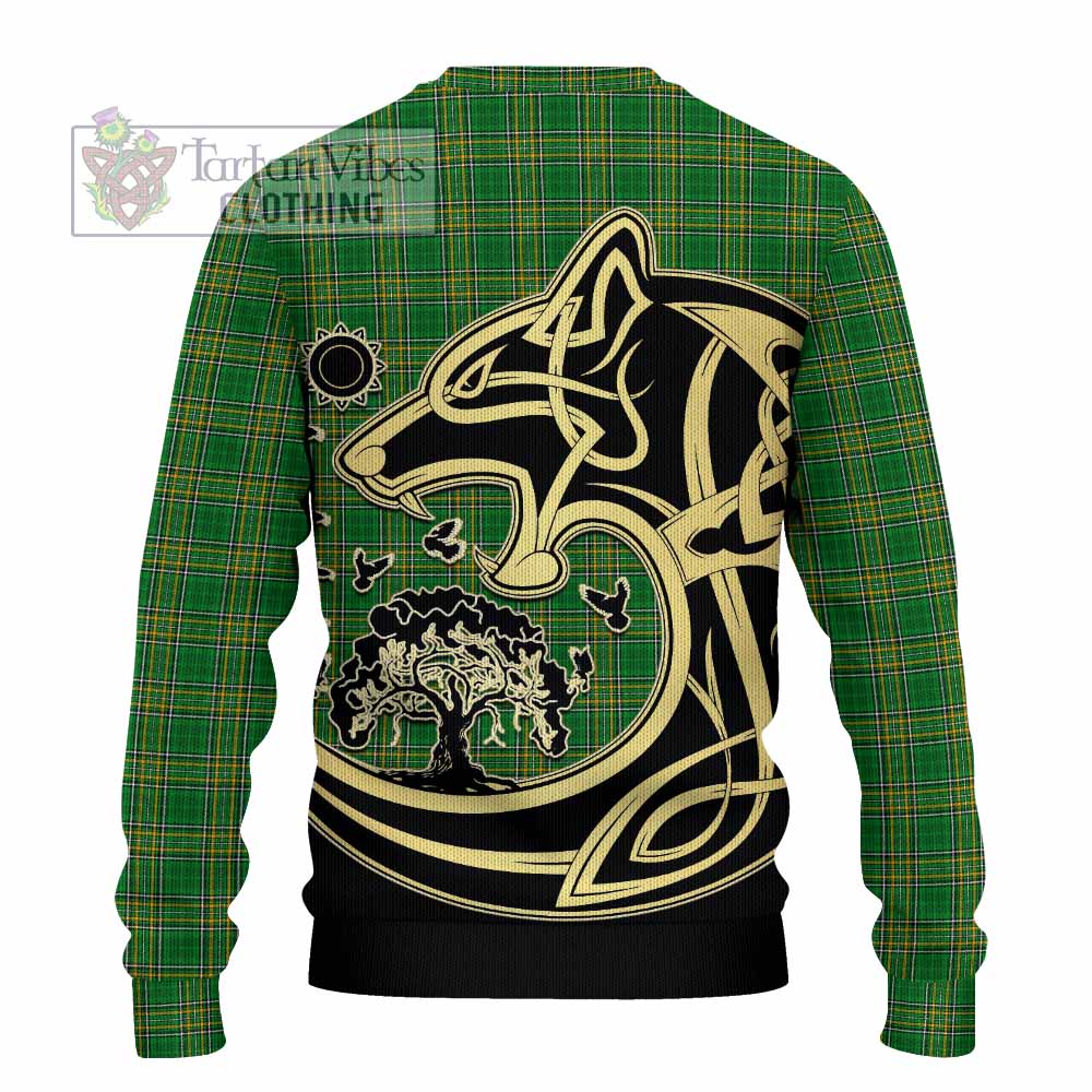 Tartan Vibes Clothing Accotts Irish Tartan Knitted Sweater with Coat of Arms Celtic Wolf Style