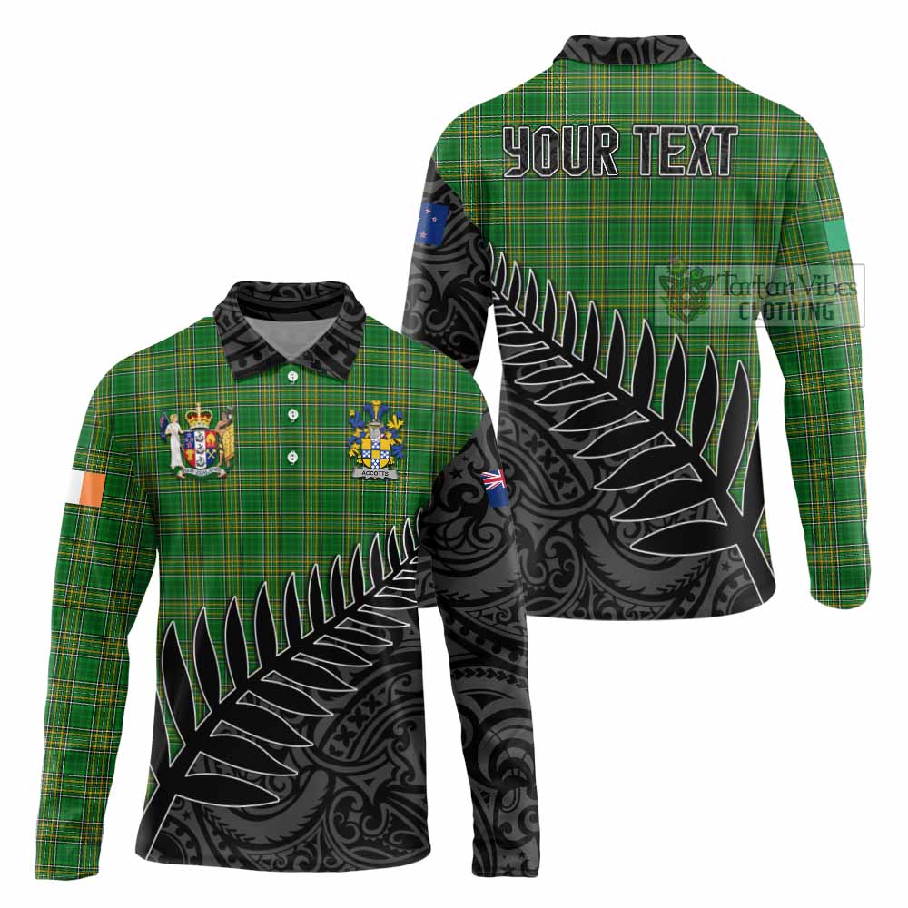 Tartan Vibes Clothing Accotts Irish Clan Tartan Long Sleeve Polo Shirt with Coat of Arms New Zealand Silver Fern Half Style