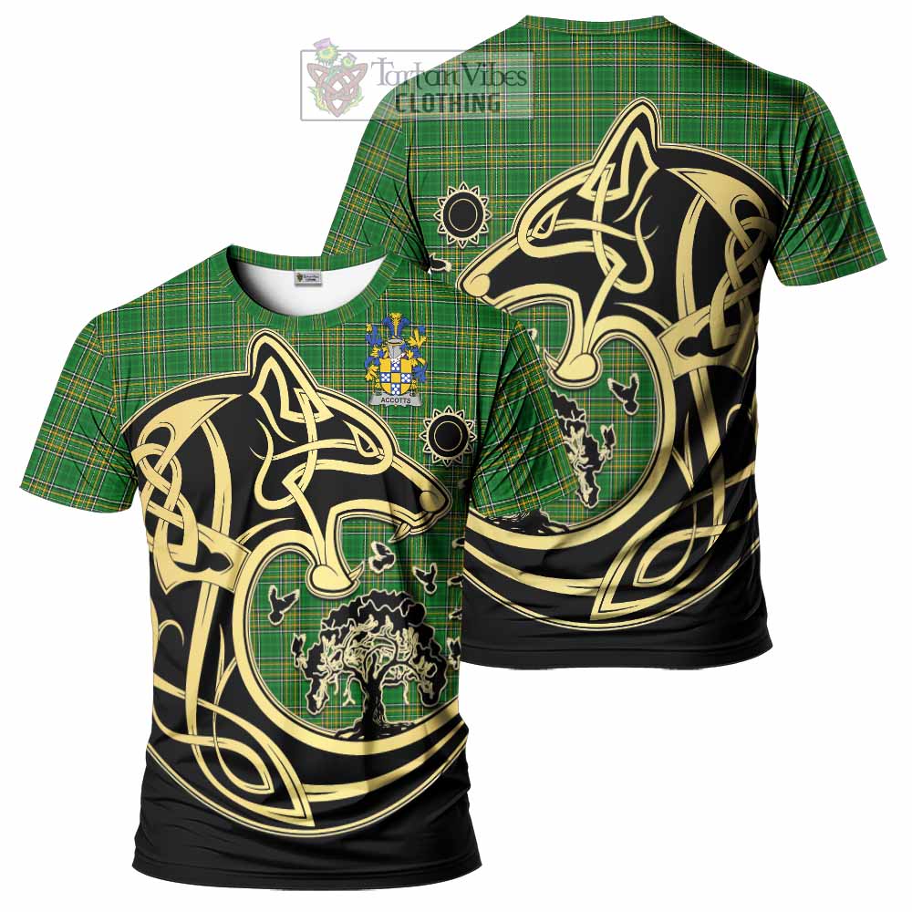 Tartan Vibes Clothing Accotts Irish Tartan T-Shirt with Coat of Arms Celtic Wolf Style