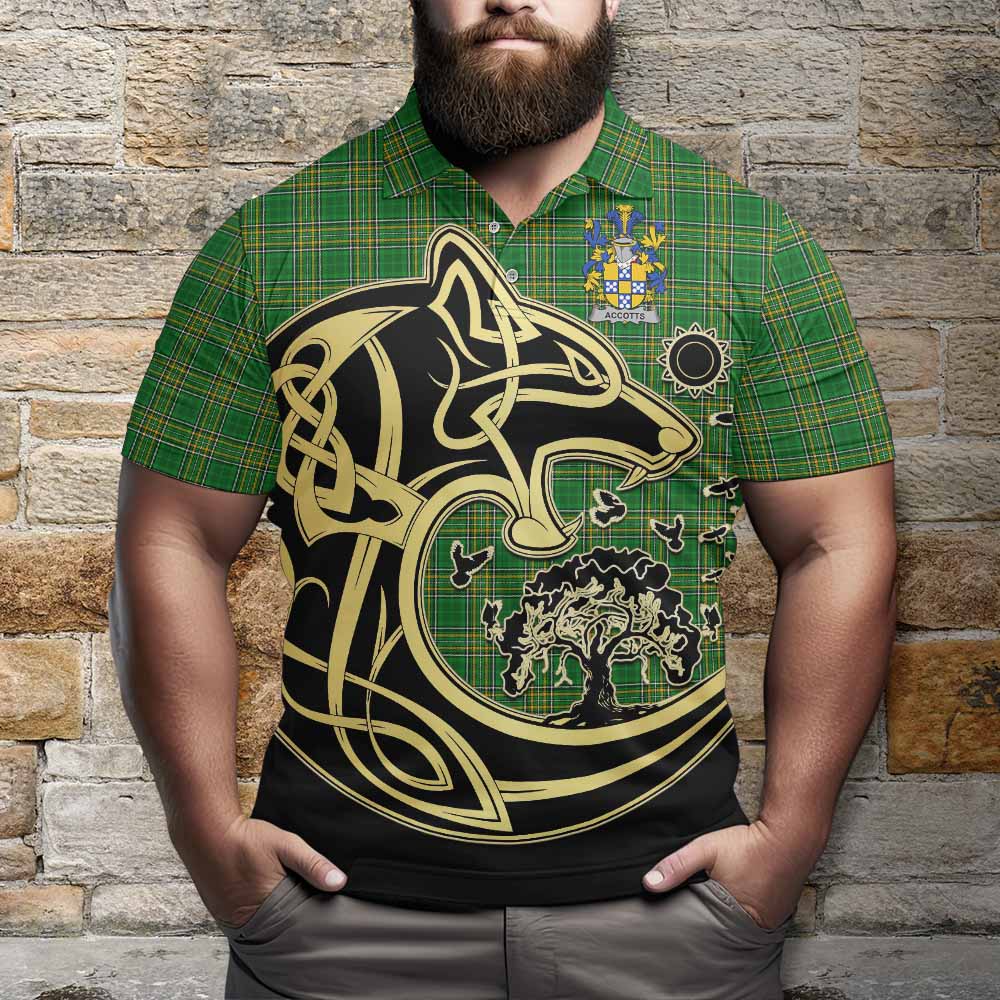 Tartan Vibes Clothing Accotts Irish Tartan Polo Shirt with Coat of Arms Celtic Wolf Style