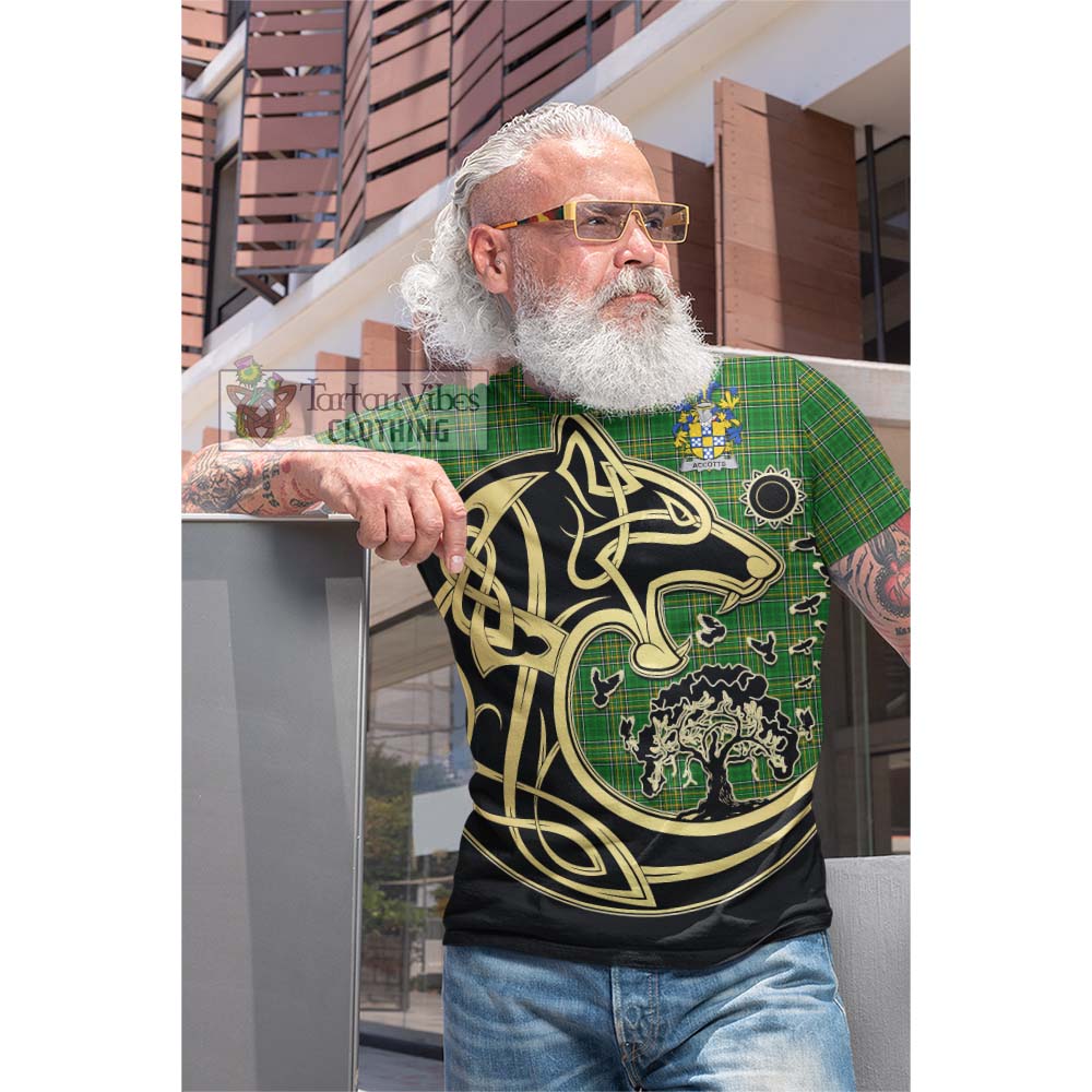 Tartan Vibes Clothing Accotts Irish Tartan Cotton T-shirt with Coat of Arms Celtic Wolf Style