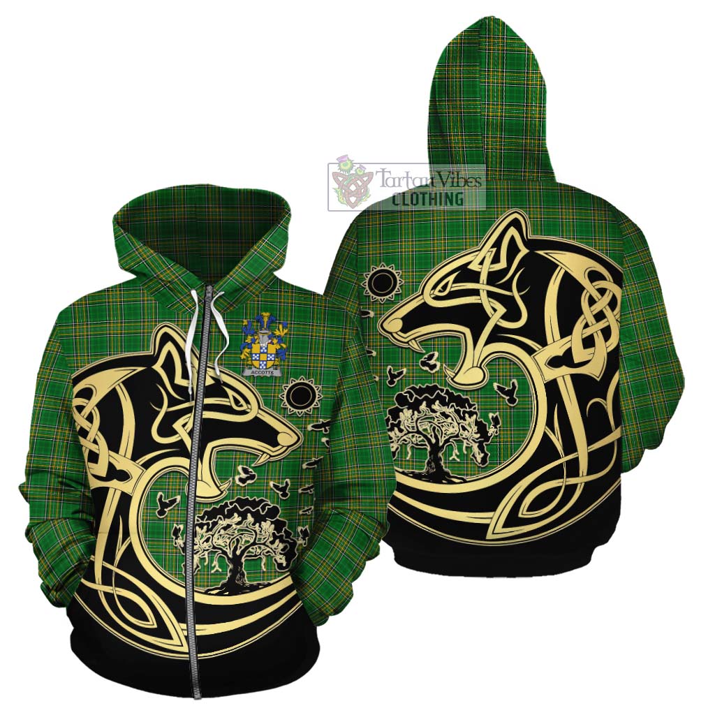 Tartan Vibes Clothing Accotts Irish Tartan Cotton Hoodie with Coat of Arms Celtic Wolf Style