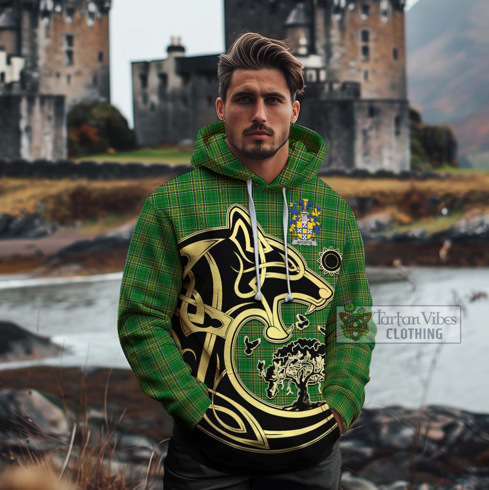 Tartan Vibes Clothing Accotts Irish Tartan Cotton Hoodie with Coat of Arms Celtic Wolf Style