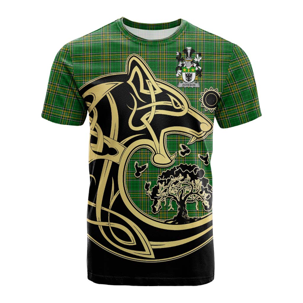 Tartan Vibes Clothing Acheson Irish Tartan Cotton T-shirt with Coat of Arms Celtic Wolf Style