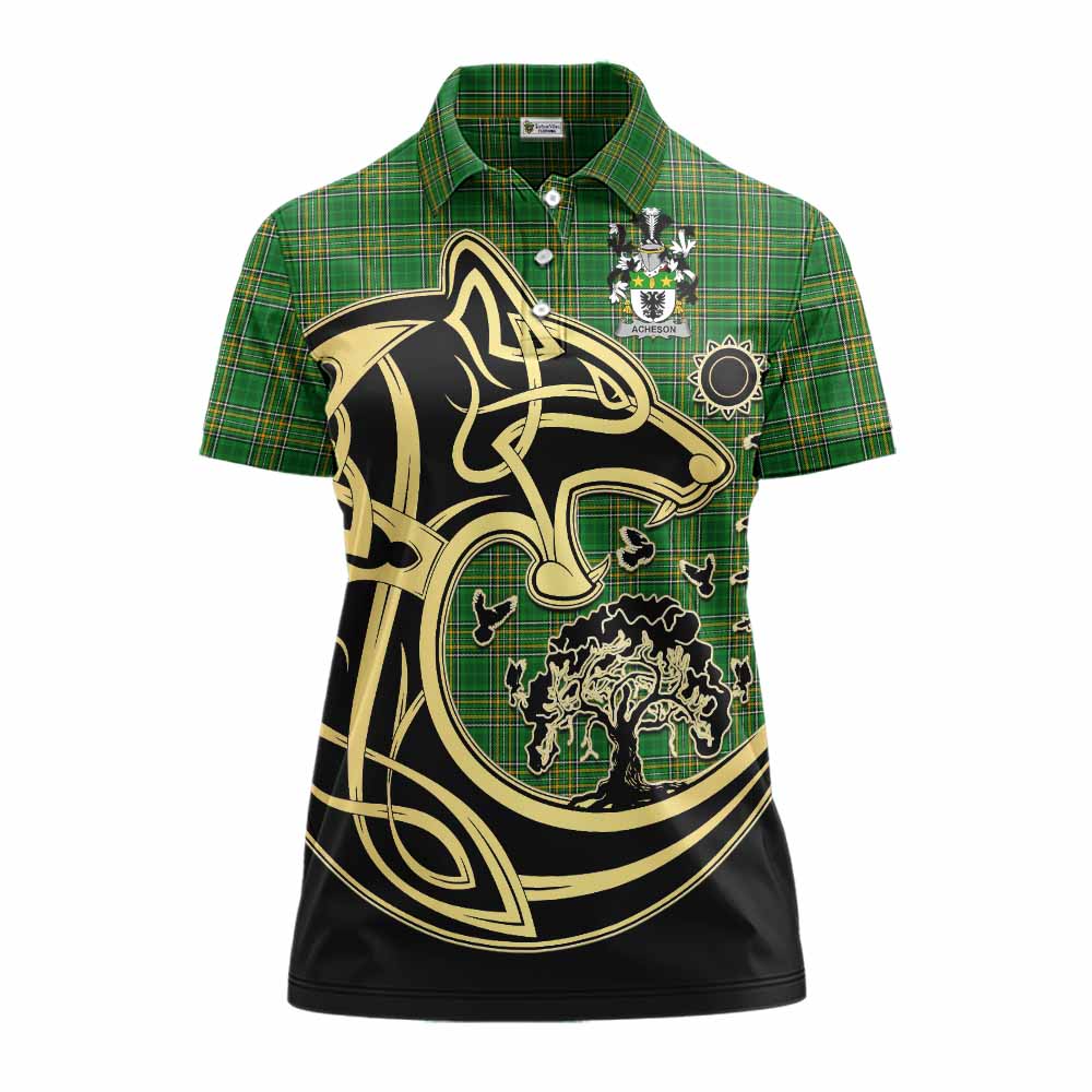 Tartan Vibes Clothing Acheson Irish Tartan Women's Polo Shirt with Coat of Arms Celtic Wolf Style