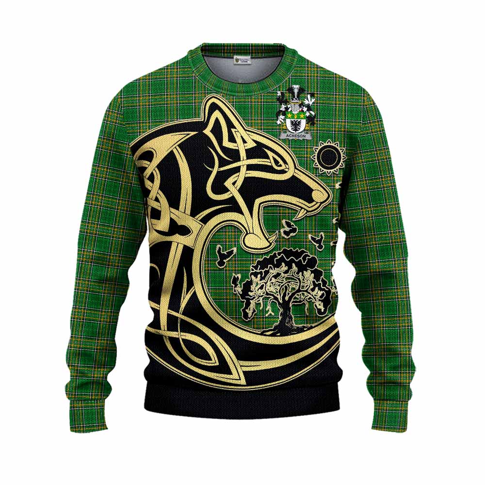 Tartan Vibes Clothing Acheson Irish Tartan Knitted Sweater with Coat of Arms Celtic Wolf Style