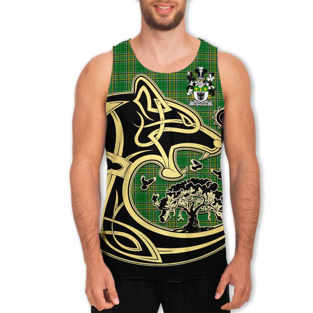 Tartan Vibes Clothing Acheson Irish Tartan Men's Tank Top with Coat of Arms Celtic Wolf Style