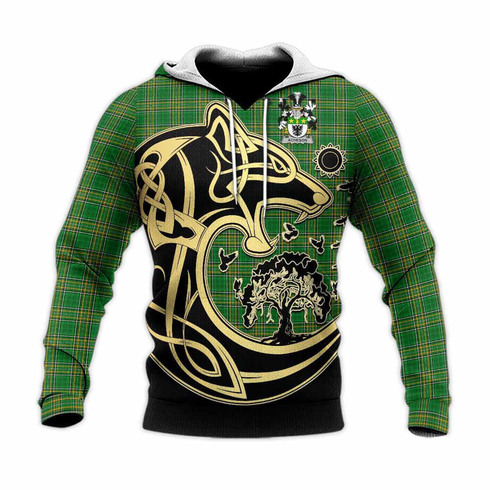 Tartan Vibes Clothing Acheson Irish Tartan Knitted Hoodie with Coat of Arms Celtic Wolf Style