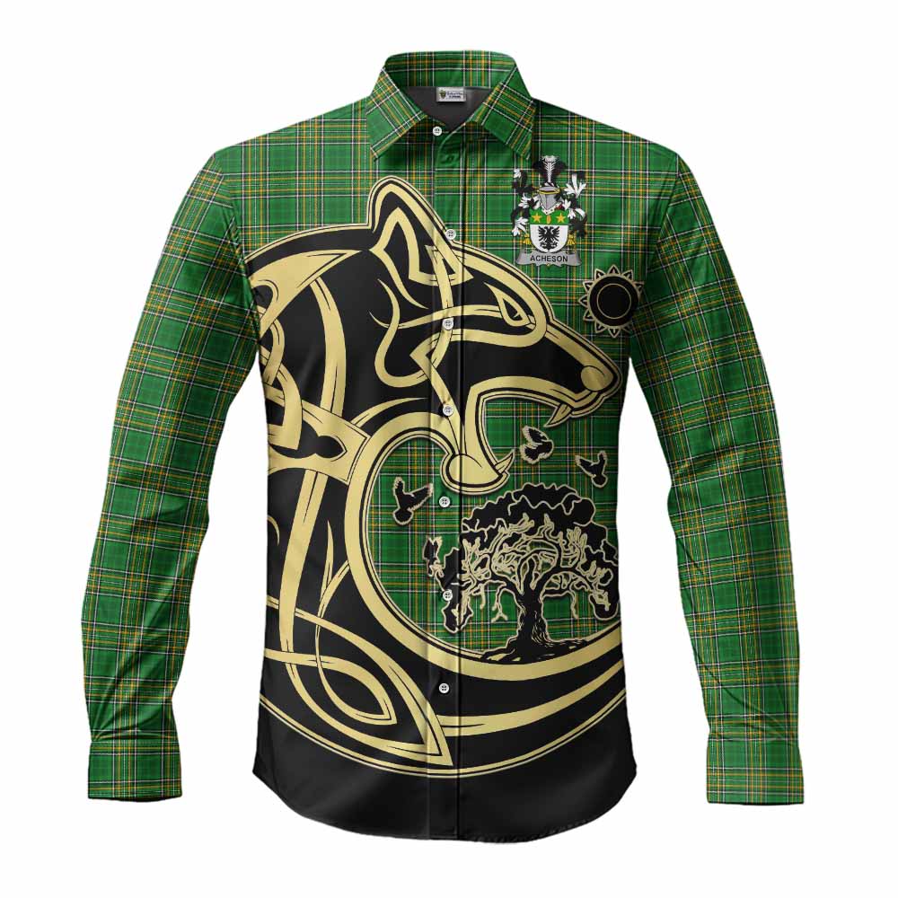 Tartan Vibes Clothing Acheson Irish Tartan Long Sleeve Button Shirt with Coat of Arms Celtic Wolf Style