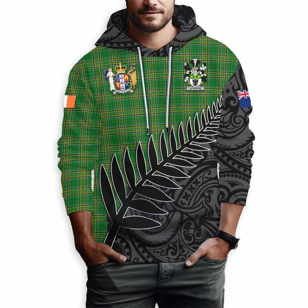 Tartan Vibes Clothing Acheson Irish Clan Tartan Hoodie with Coat of Arms New Zealand Silver Fern Half Style