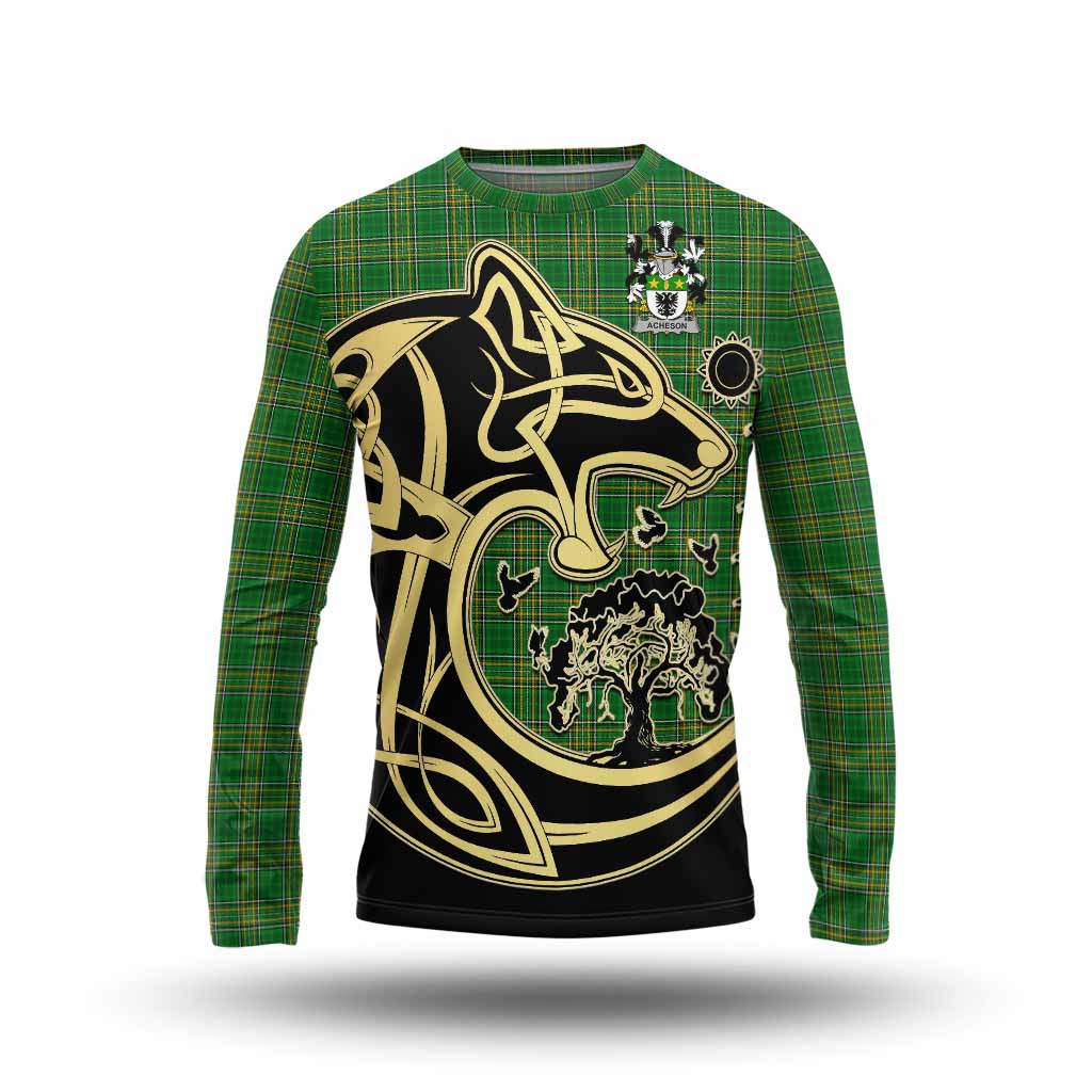 Tartan Vibes Clothing Acheson Irish Tartan Long Sleeve T-Shirt with Coat of Arms Celtic Wolf Style