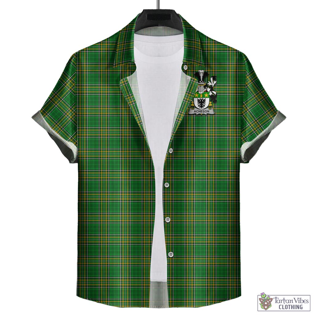 Tartan Vibes Clothing Acheson Ireland Clan Tartan Short Sleeve Button Up with Coat of Arms