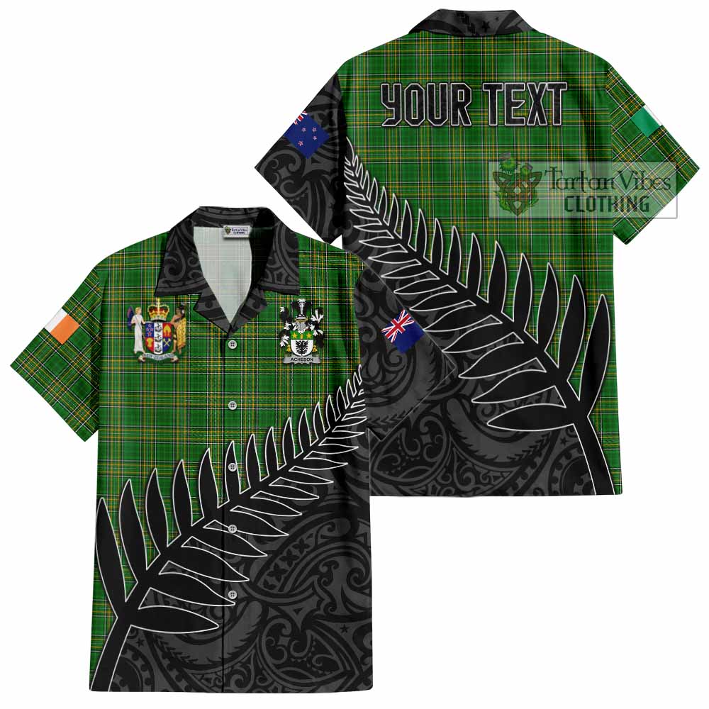 Tartan Vibes Clothing Acheson Irish Clan Tartan Short Sleeve Button Shirt with Coat of Arms New Zealand Silver Fern Half Style