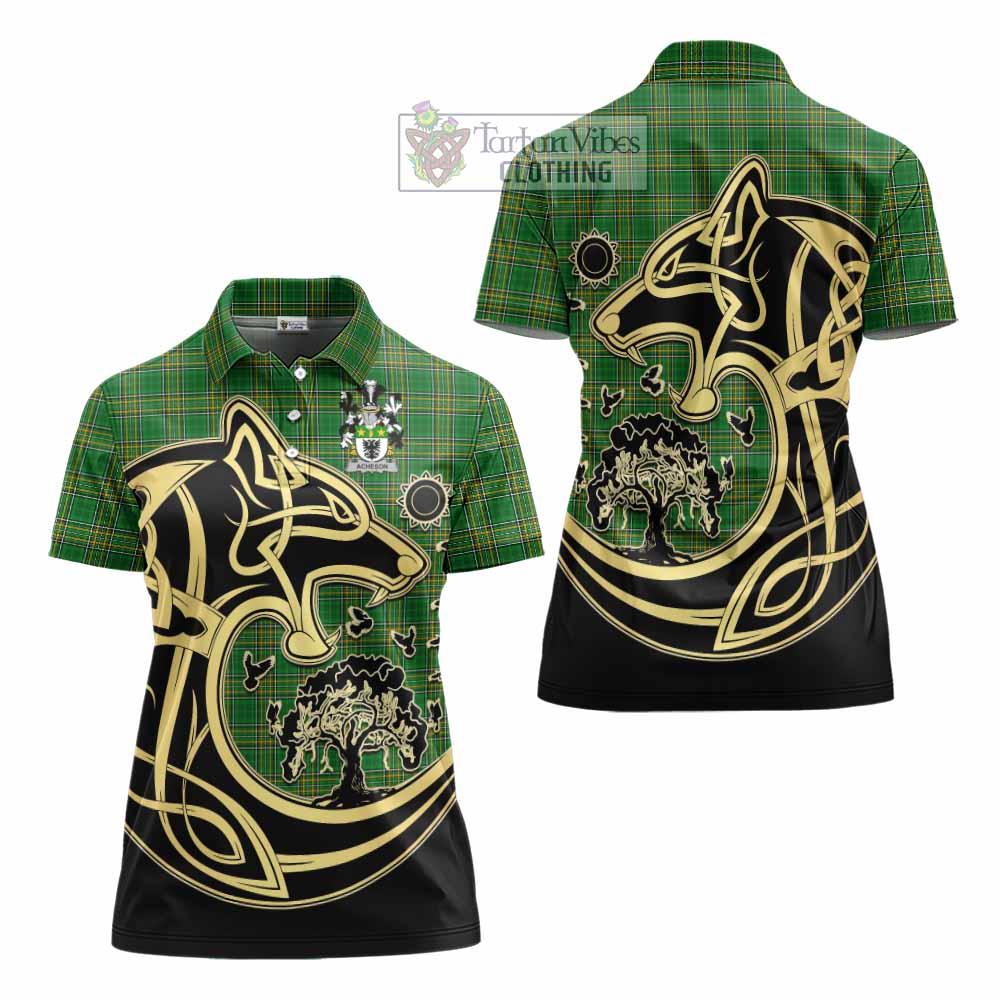 Tartan Vibes Clothing Acheson Irish Tartan Women's Polo Shirt with Coat of Arms Celtic Wolf Style