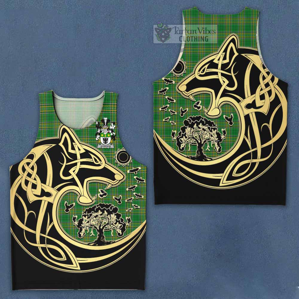 Tartan Vibes Clothing Acheson Irish Tartan Men's Tank Top with Coat of Arms Celtic Wolf Style