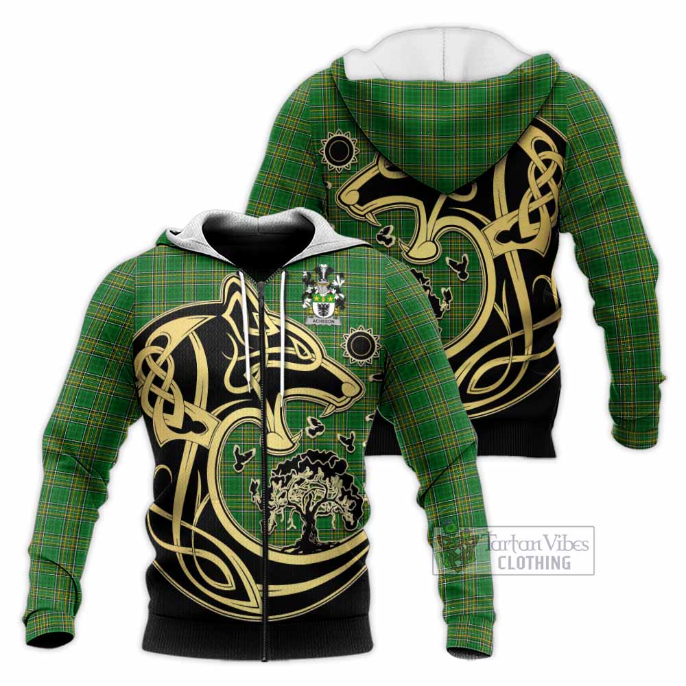 Tartan Vibes Clothing Acheson Irish Tartan Knitted Hoodie with Coat of Arms Celtic Wolf Style