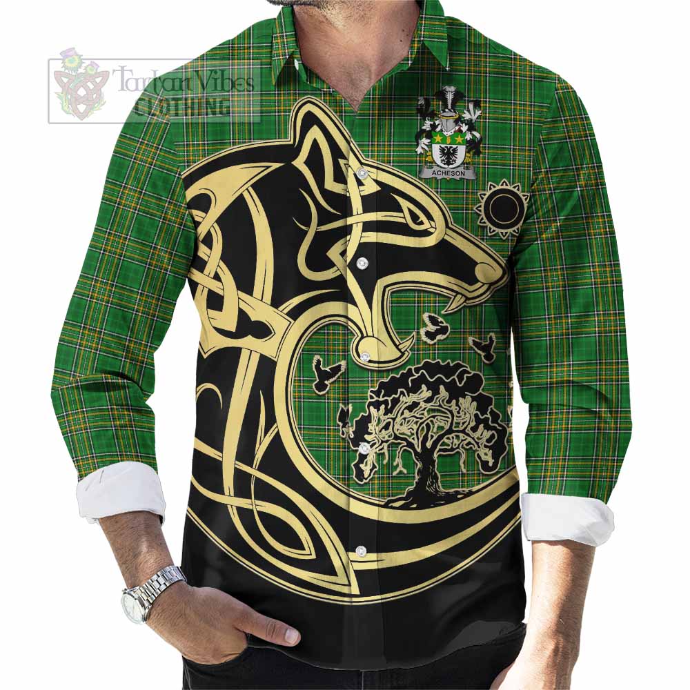 Tartan Vibes Clothing Acheson Irish Tartan Long Sleeve Button Shirt with Coat of Arms Celtic Wolf Style