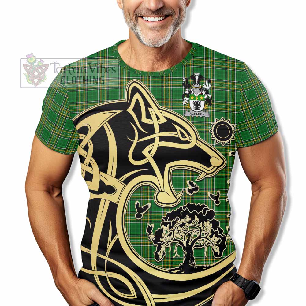 Tartan Vibes Clothing Acheson Irish Tartan T-Shirt with Coat of Arms Celtic Wolf Style