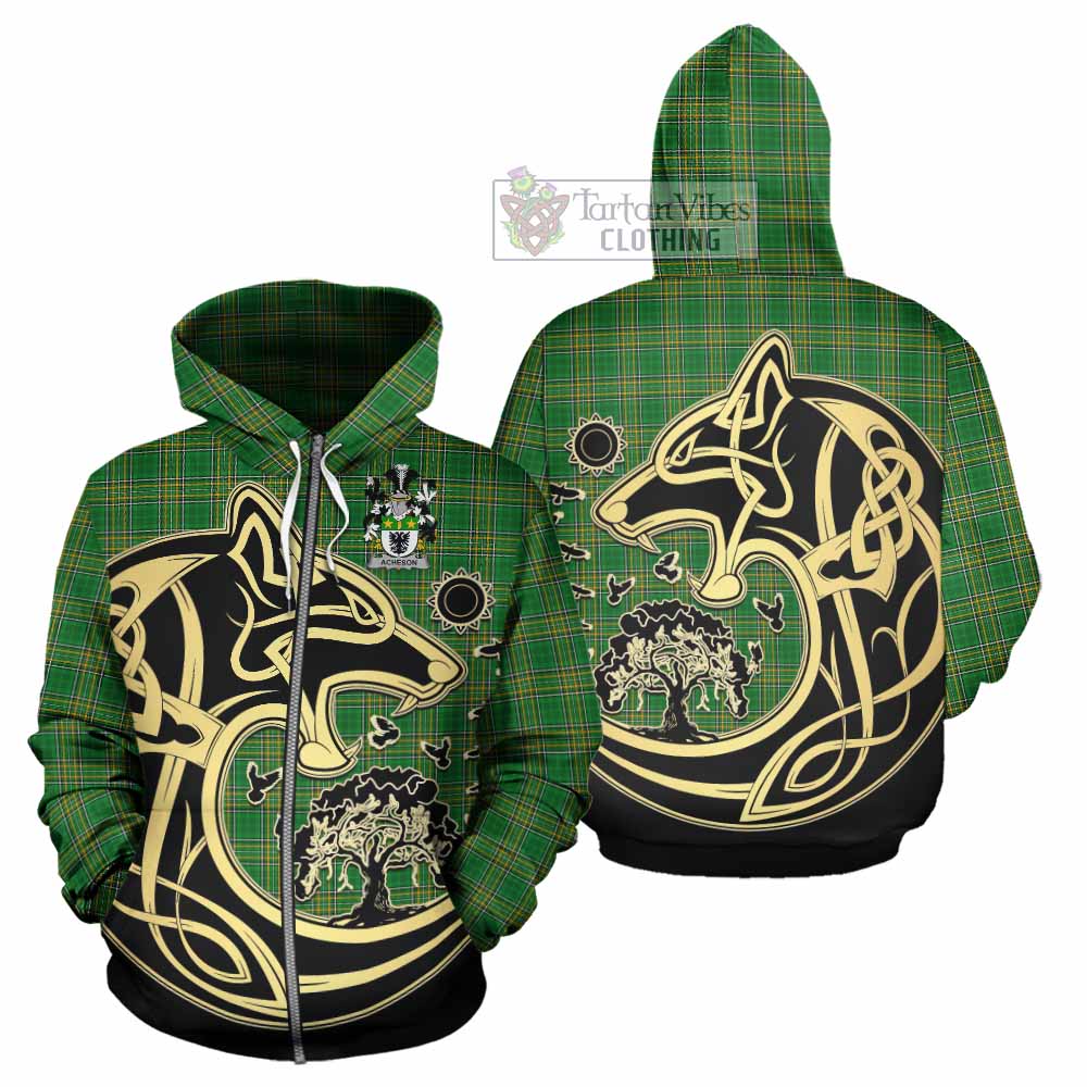 Tartan Vibes Clothing Acheson Irish Tartan Hoodie with Coat of Arms Celtic Wolf Style