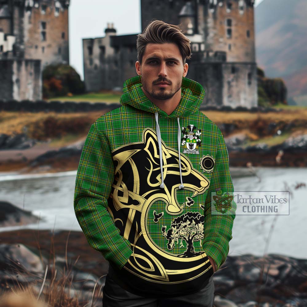 Tartan Vibes Clothing Acheson Irish Tartan Cotton Hoodie with Coat of Arms Celtic Wolf Style