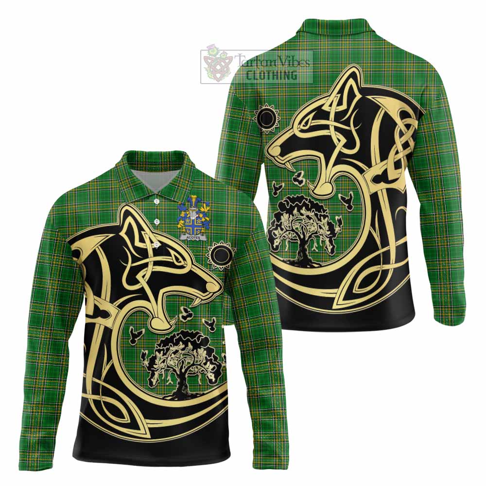 Acotes Irish Tartan Long Sleeve Polo Shirt with Coat of Arms Celtic Wolf Style - Tartan Vibes Clothing