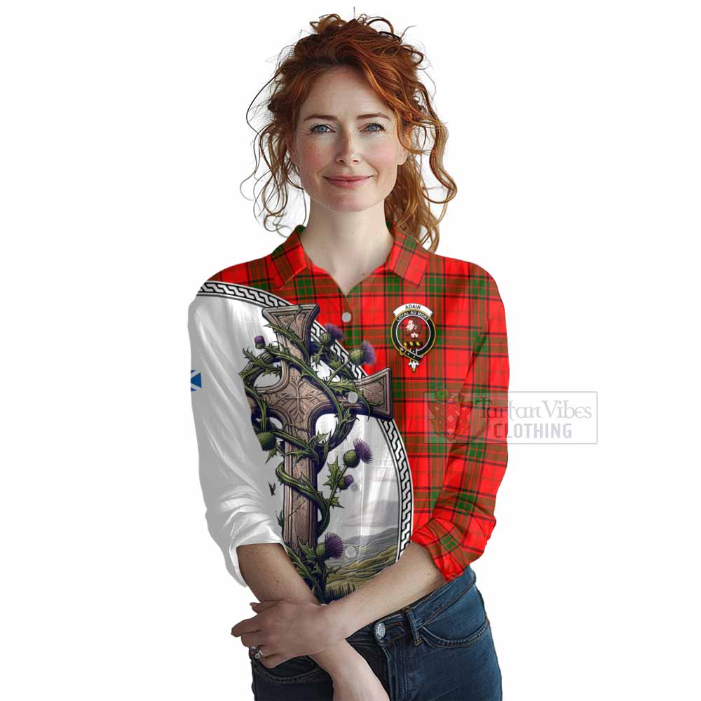 Tartan Vibes Clothing Adair Tartan Women's Casual Shirt with Family Crest and St. Andrew's Cross Accented by Thistle Vines