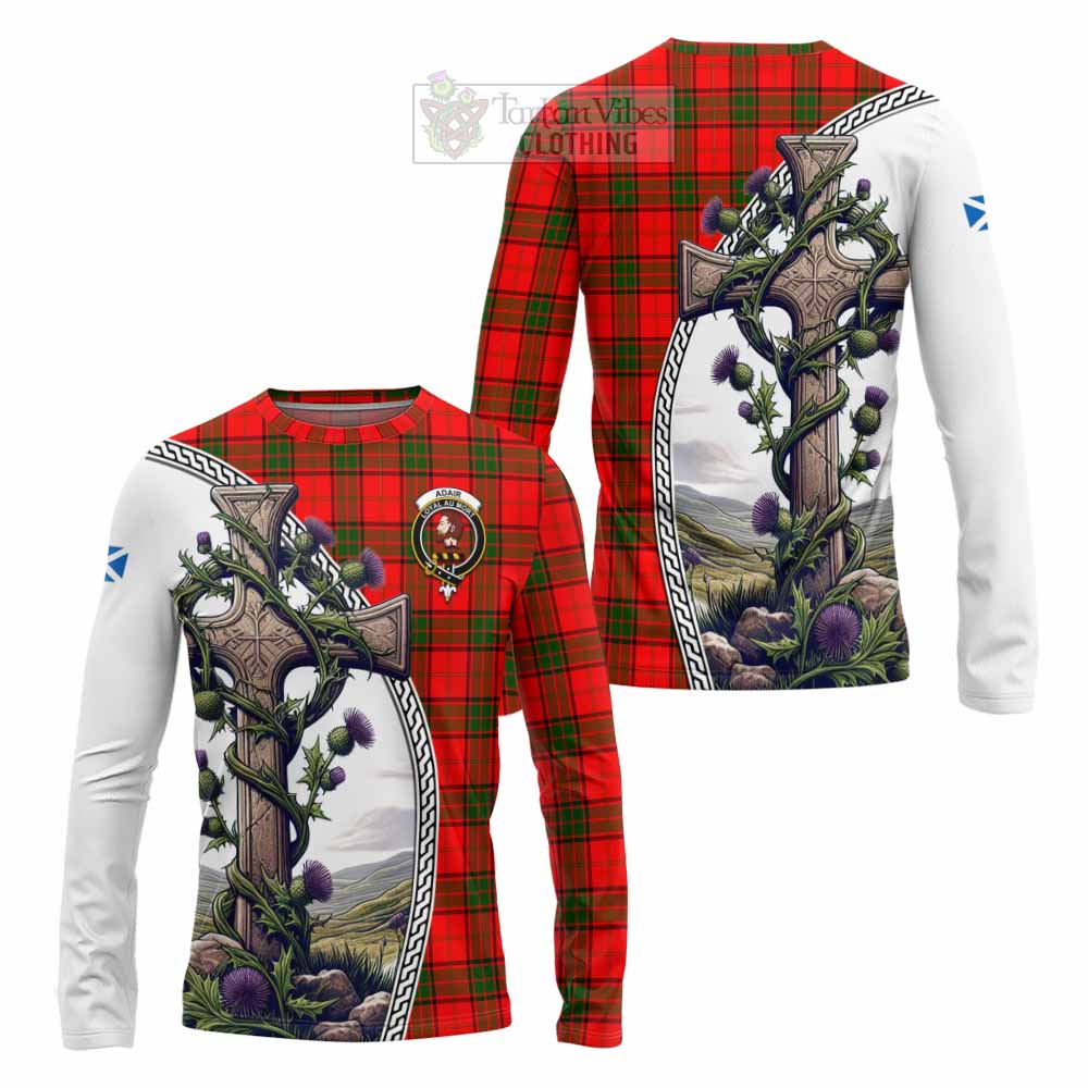 Tartan Vibes Clothing Adair Tartan Long Sleeve T-Shirt with Family Crest and St. Andrew's Cross Accented by Thistle Vines