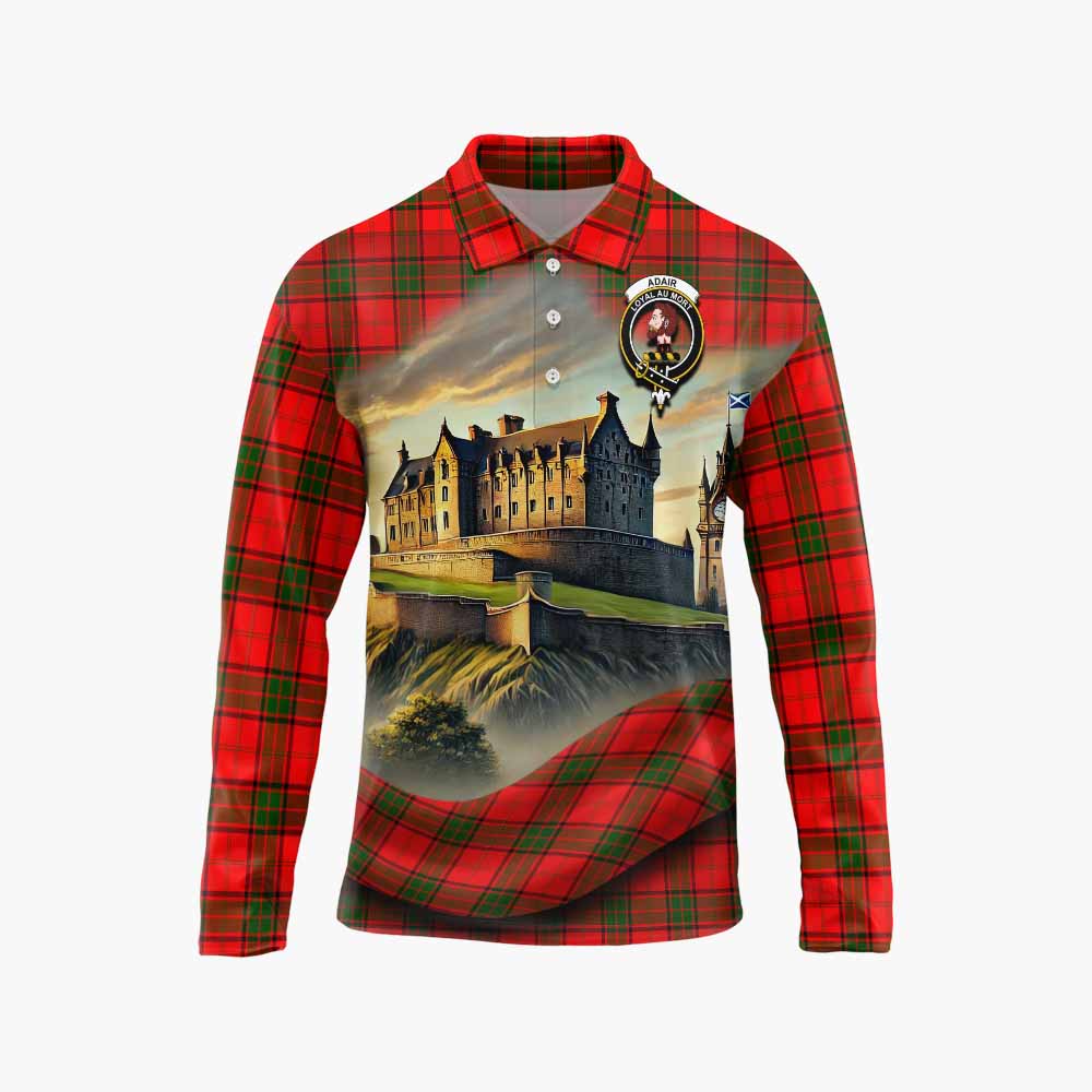 Adair Tartan Family Crest Long Sleeve Polo Shirt with Scottish Ancient Castle Style Unisex - Tartan Vibes Clothing